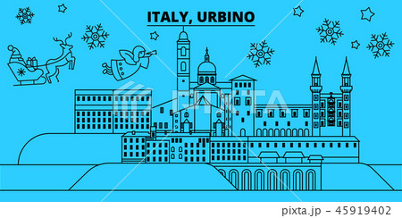 Italy, Urbino winter holidays skyline. Merry Christmas, Happy New Year decorated banner with Santa 45919402