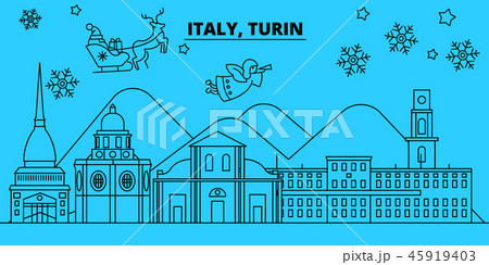 Italy, Turin winter holidays skyline. Merry Christmas, Happy New Year decorated banner with Santa 45919403