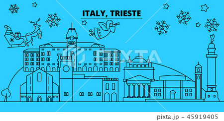 Italy, Trieste winter holidays skyline. Merry Christmas, Happy New Year decorated banner with Santa Italy, Trieste winter holidays skyline. Merry Christmas, Happy New Year decorated banner with Santa 45919405