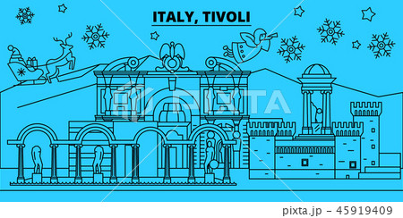 Italy, Tivoli winter holidays skyline. Merry Christmas, Happy New Year decorated banner with Santa 45919409