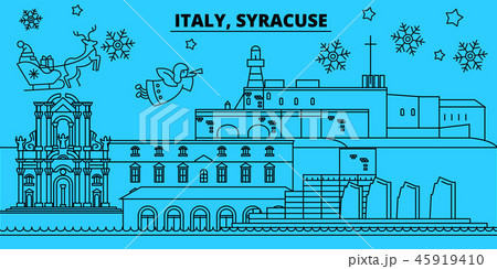 Italy, Syracuse winter holidays skyline. Merry Christmas, Happy New Year decorated banner with Santa 45919410