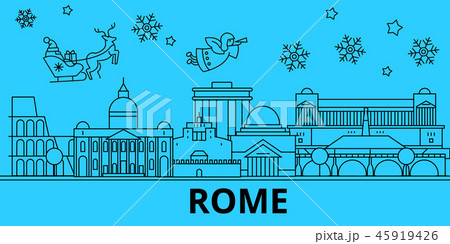 Italy, Rome winter holidays skyline. Merry Christmas, Happy New Year decorated banner with Santa 45919426