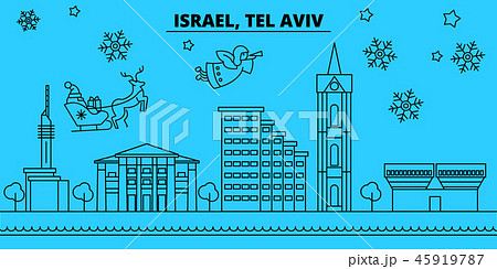 Israel, Tel aviv winter holidays skyline. Merry Christmas, Happy New Year decorated banner with 45919787