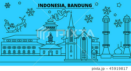 Indonesia, Bandung winter holidays skyline. Merry Christmas, Happy New Year decorated banner with 45919817