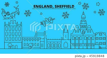 Great Britain, Sheffield winter holidays skyline. Merry Christmas, Happy New Year decorated banner 45919848