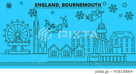 Great Britain, Bournemouth winter holidays skyline. Merry Christmas, Happy New Year decorated banner 45919864