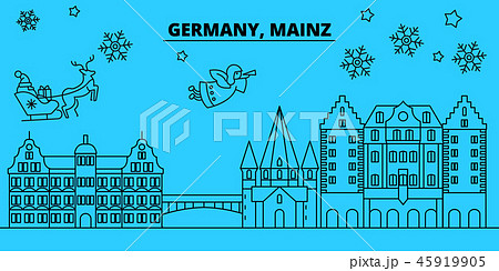 Germany, Mainz winter holidays skyline. Merry Christmas, Happy New Year decorated banner with Santa Germany, Mainz winter holidays skyline. Merry Christmas, Happy New Year decorated banner with Santa 45919905