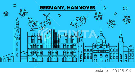 Germany, Hanover winter holidays skyline. Merry Christmas, Happy New Year decorated banner with 45919910