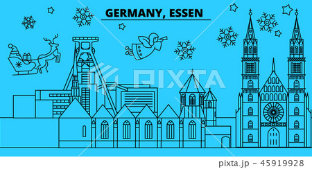 Germany, Essen winter holidays skyline. Merry Christmas, Happy New Year decorated banner with Santa Germany, Essen winter holidays skyline. Merry Christmas, Happy New Year decorated banner with Santa 45919928