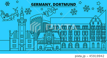 Germany, Dortmund winter holidays skyline. Merry Christmas, Happy New Year decorated banner with 45919942