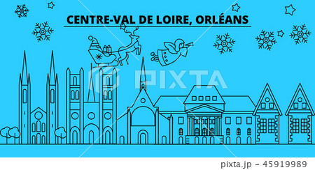 France, Orleans winter holidays skyline. Merry Christmas, Happy New Year decorated banner with Santa 45919989