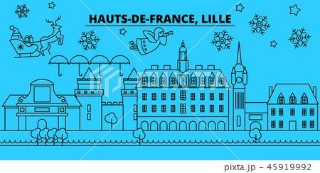 France, Lille winter holidays skyline. Merry Christmas, Happy New Year decorated banner with Santa 45919992