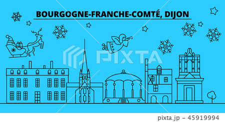 France, Dijon winter holidays skyline. Merry Christmas, Happy New Year decorated banner with Santa France, Dijon winter holidays skyline. Merry Christmas, Happy New Year decorated banner with Santa 45919994