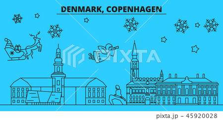 Denmark, Copenhagen winter holidays skyline. Merry Christmas, Happy New Year decorated banner with 45920028