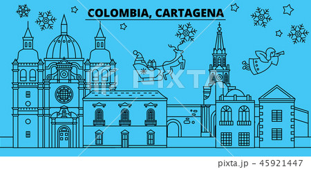 Colombia, Cartagena winter holidays skyline. Merry Christmas, Happy New Year decorated banner with 45921447