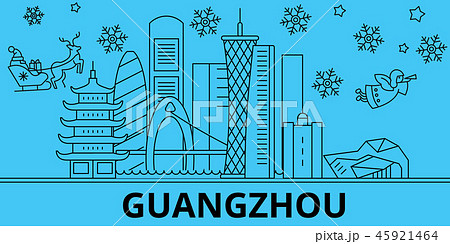 China, Guangzhou City  winter holidays skyline. Merry Christmas, Happy New Year decorated banner wit 45921464
