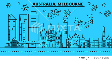 Australia, Melbourne city winter holidays skyline. Merry Christmas, Happy New Year decorated banner Australia, Melbourne city winter holidays skyline. Merry Christmas, Happy New Year decorated banner 45921560