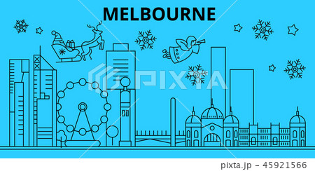 Australia, Melbourne winter holidays skyline. Merry Christmas, Happy New Year decorated banner with Australia, Melbourne winter holidays skyline. Merry Christmas, Happy New Year decorated banner with 45921566