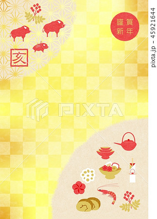 年賀19お節と亥背景のイラスト素材