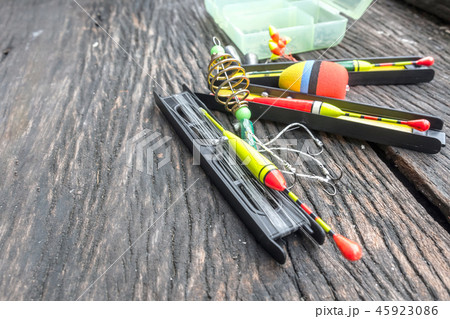 Cloae up Accessories of fishing on vintage wood 45923086