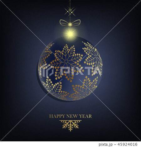 Christmas composition with a Christmas ball with golden snowflakes, text and bow with glitter. 45924016