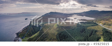 Aerial view of the very steep sea cliffs at Bearreraig Bay with the storr lochs in background - Isle Aerial view of the very steep sea cliffs at Bearreraig Bay with the storr lochs in background - Isle 45925015