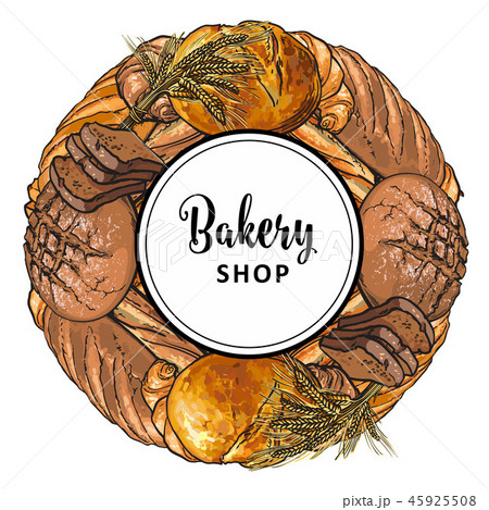 Bakery shop banner with freshly baked bread and croissants in sketch style. 45925508