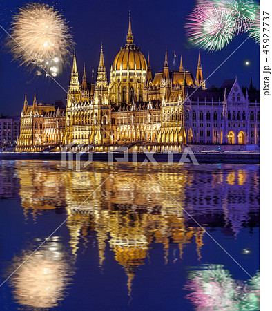 Parliament in Budapest with firework, Hungary 45927737