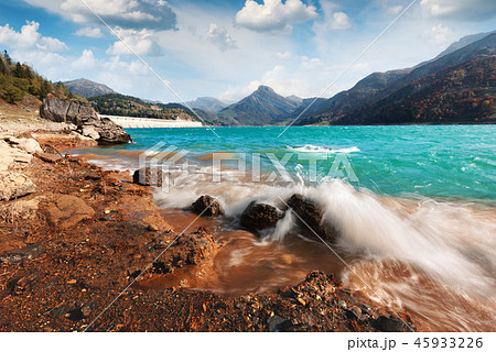 Sunny picturesque view of lac de Roselend lake 45933226