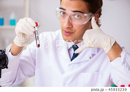 Young handsome lab assistant testing blood samples in hospital  45933239