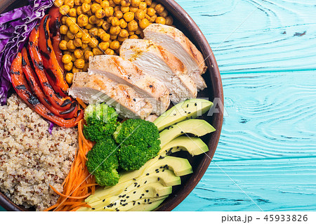 Buddha bowl with avocado chicken pepper quinoa Buddha bowl with avocado chicken pepper quinoa 45933826