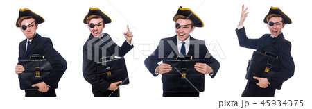 Young man in costume with pirate hat isolated on white Young man in costume with pirate hat isolated on white 45934375