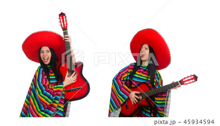 Woman mexican guitar player on white 45934594
