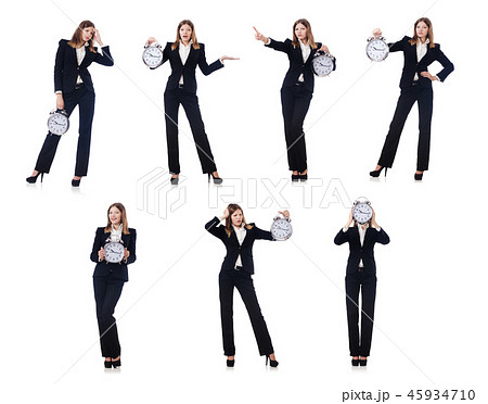Businesswoman with clock isolated on white 45934710