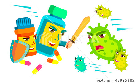 Pill Fighting With Sword And Shield Against Bacteria Attacking It, Medical Protect Concept Vector 45935385