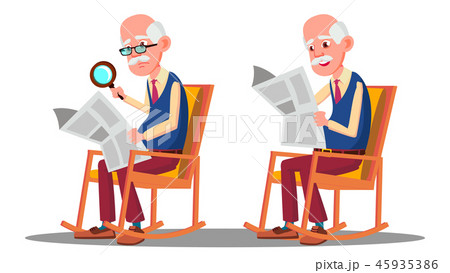 Visually Impaired Elderly Man Reading A Book Through A Magnifying Glass Vector. Isolated Cartoon 45935386
