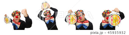 Funny clown with clock isolated on white Funny clown with clock isolated on white 45935932