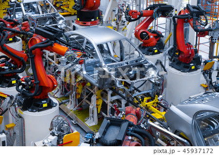Automotive production line. Welding car body. Modern car Assembly plant 45937172