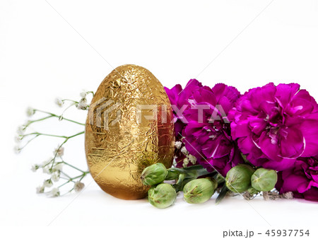 Golden egg and fuchsia flowers on white background 45937754