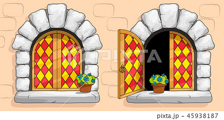 Medieval window, red stained glasses, white stones Medieval window, red stained glasses, white stones 45938187