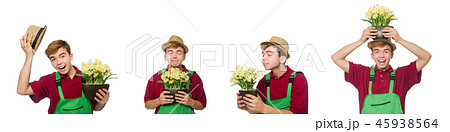 Young gardener with flower isolated on white 45938564