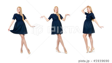 Beautiful pregnant woman in blue dress isolated on white 45939690