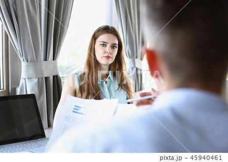 young beautiful man and woman meet in cafe business 45940461