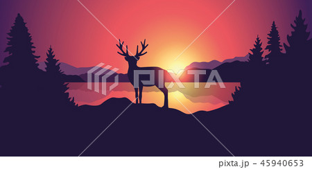 beautiful wildlife landscape with reindeer lake mountains and forest at sunset 45940653