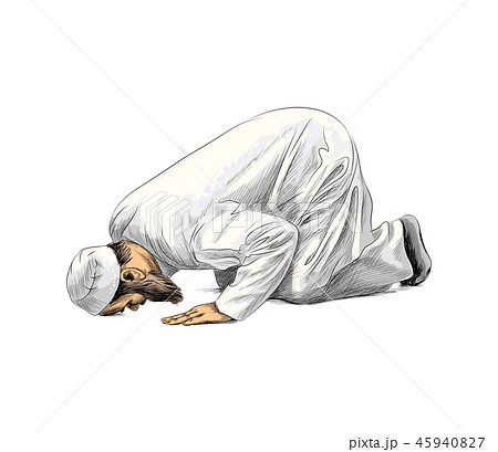 Muslim Man Praying Hand Drawn Sketch のイラスト素材
