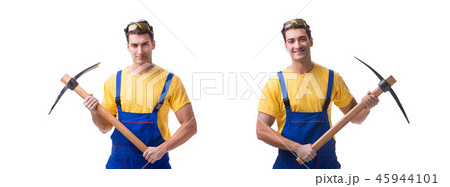 Young man contractor with axe isolated on white 45944101