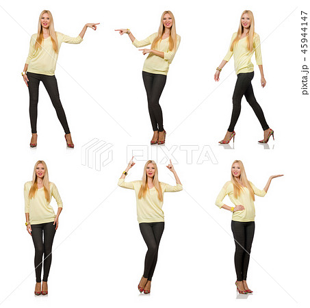 Pretty woman in yellow blouse isolated on white Pretty woman in yellow blouse isolated on white 45944147