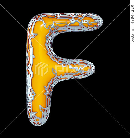 Golden shining metallic 3D with yellow paint symbol capital letter F - uppercase isolated on black 45944220