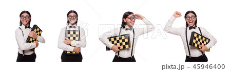Funny man with chessboard isolated on white Funny man with chessboard isolated on white 45946400