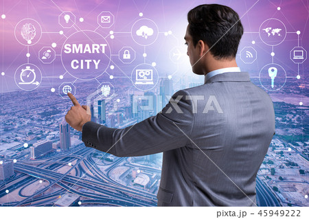 Concept of smart city with businessman pressing buttons 45949222